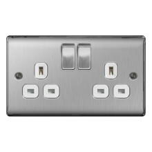Masterplug NBS22W 13A 2-Gang Metal Brushed Steel Double Pole Switched Socket - White Insert