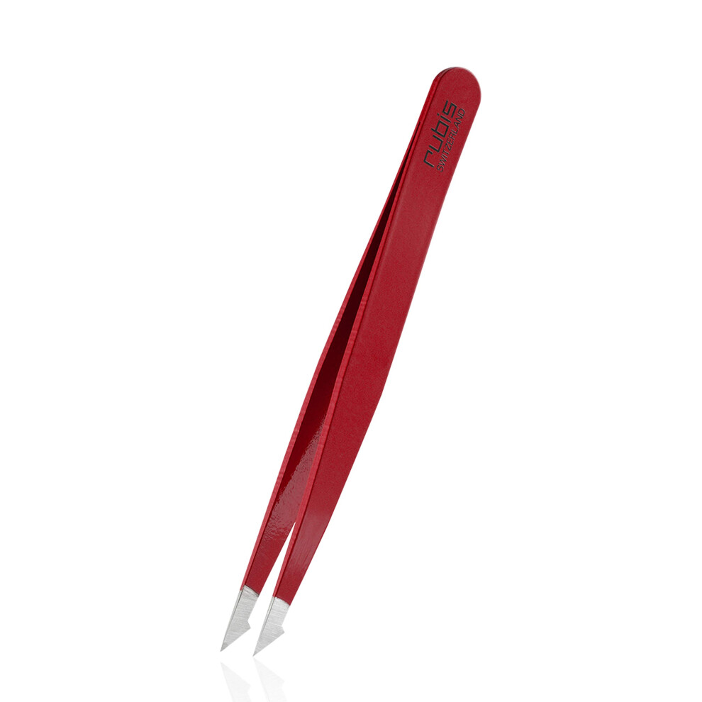 Rubis Red Tweezers Evolution - Pointed Slant Tweezers - Sharp Point Tip - Fine Hair - Eyebrow Tweezer - Switzerland