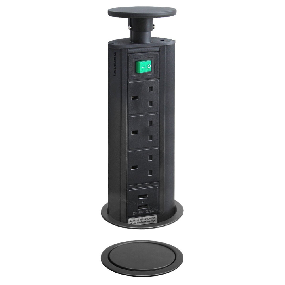 Pop-Up Socket With 2 Usb Charging Port, Black Top, 3 Uk Plug Sockets 5055875562592