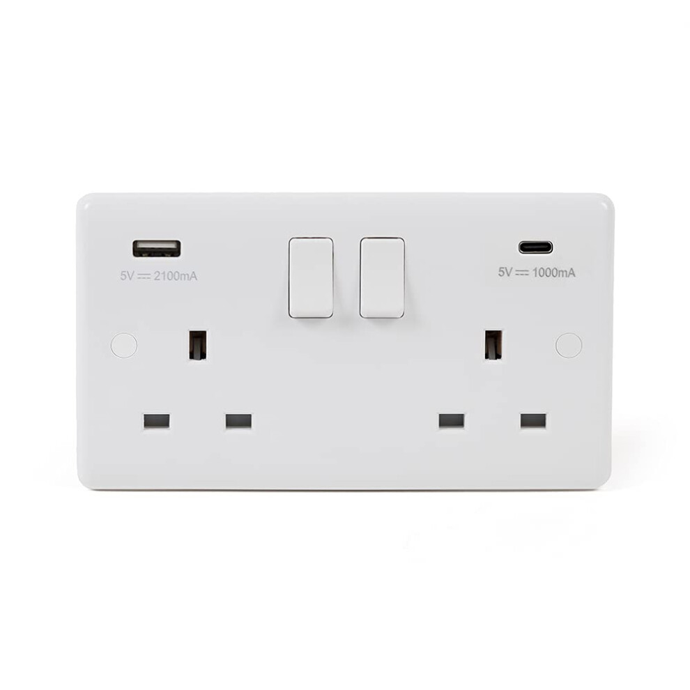 Lieber Silk White 2 Gang Usb C Plug Socket (13A Socket + 2 Usb Ports A+C 3.1A) - Curved Edge 5056361246989