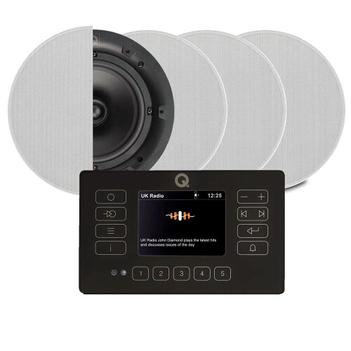 Q Acoustic E120 Black DAB+ Digital Radio and Bluetooth Ceiling Speaker System - Touch Screen Wall Panel 4x QI65C