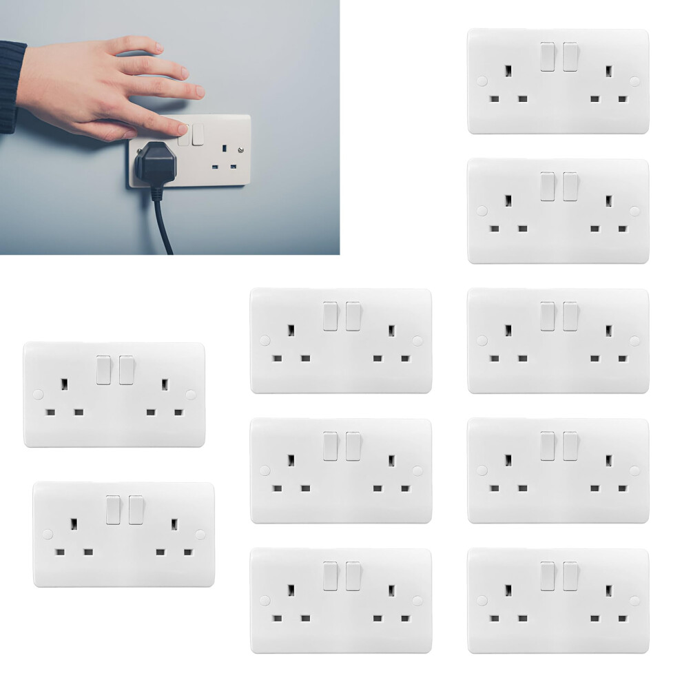 Brightex, Pack Of 10 2 Gang 13A Switched Socket Double Pole Plus Double Socket With Heat Resistant Urea Front Plate Copper Terminals Round Corners 5065018916090