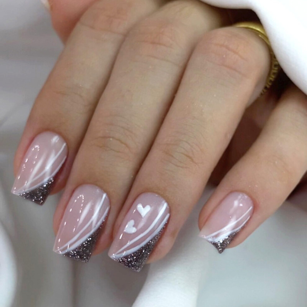 Medium French Tip Press on Nails with Glitter Hearts, 24pcs Valentine's Day Fake Nails for Women