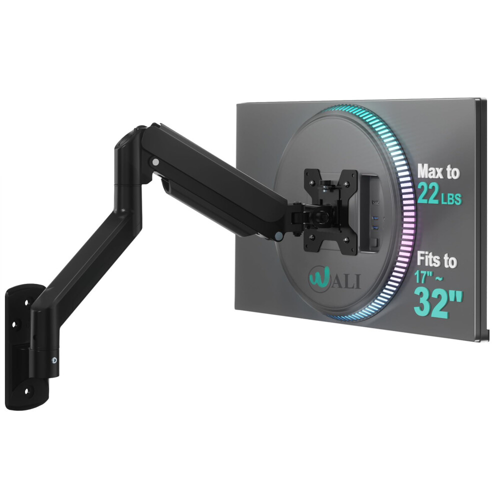 Wali Single Monitor Wall Mount For 17-32 Inch Screen, Fully Adjustable Gas Spring Monitor Arm With Tilt Swivel Rotate, Holds Up To 10 Kg, Arm Max 5051222466773