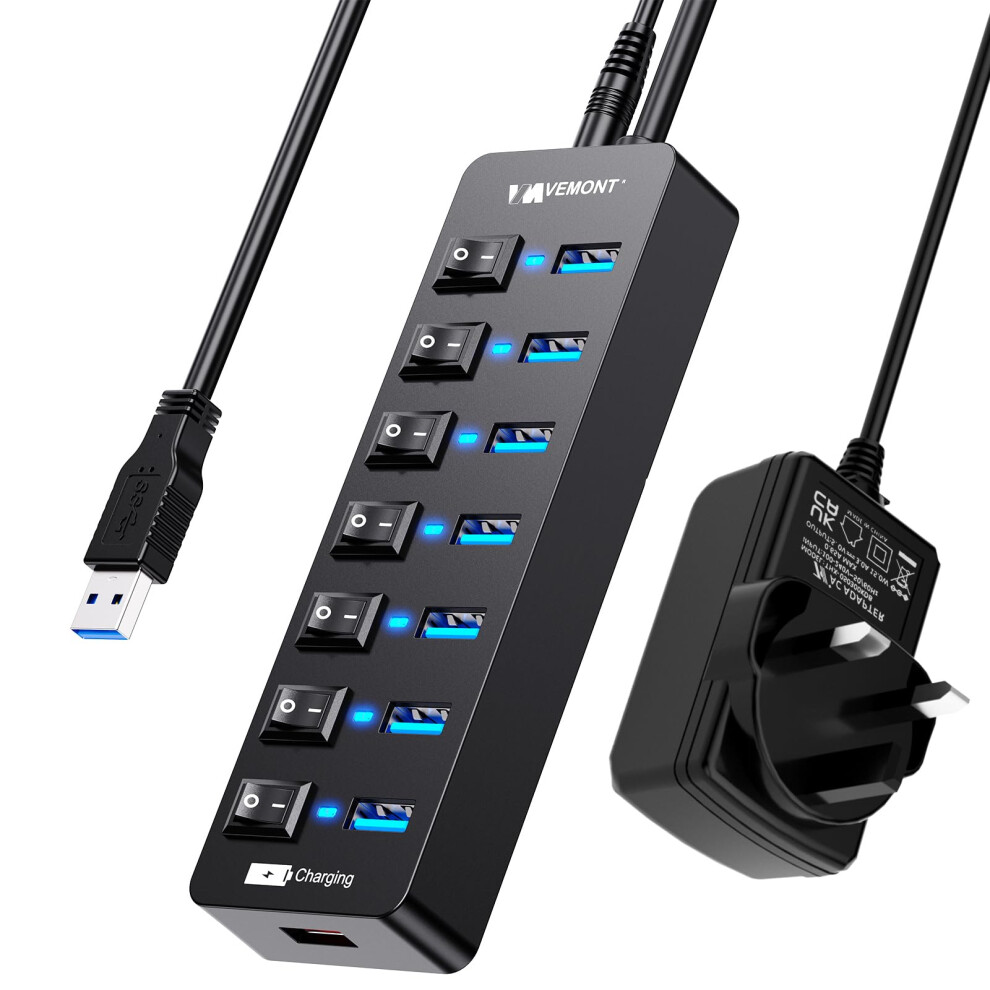 Powered Usb Hub 3.0,Vemont 7 Ports Multi Usb Hubs And 1 Usb Smart Charging Port With 5V/3A Power Supply,Usb Extension Splitter With Individual On/Off 5051222467671