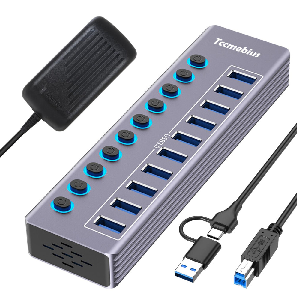 Tccmebius Powered 10-Port Usb 3.0 Hub, Usb C To 10 Ports Usb Data Hub Splitter With Individual Led On/Off Switche, 3.3Ft Cable, 12V/3A Power Adapter, 5051222466223