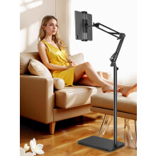 Tablet Floor Stand with Double Heavy Duty Stable Base Never Tip Over, Adjustable Height Swivel Overhead Bed Tablet Phone Stand Holder for iPad,