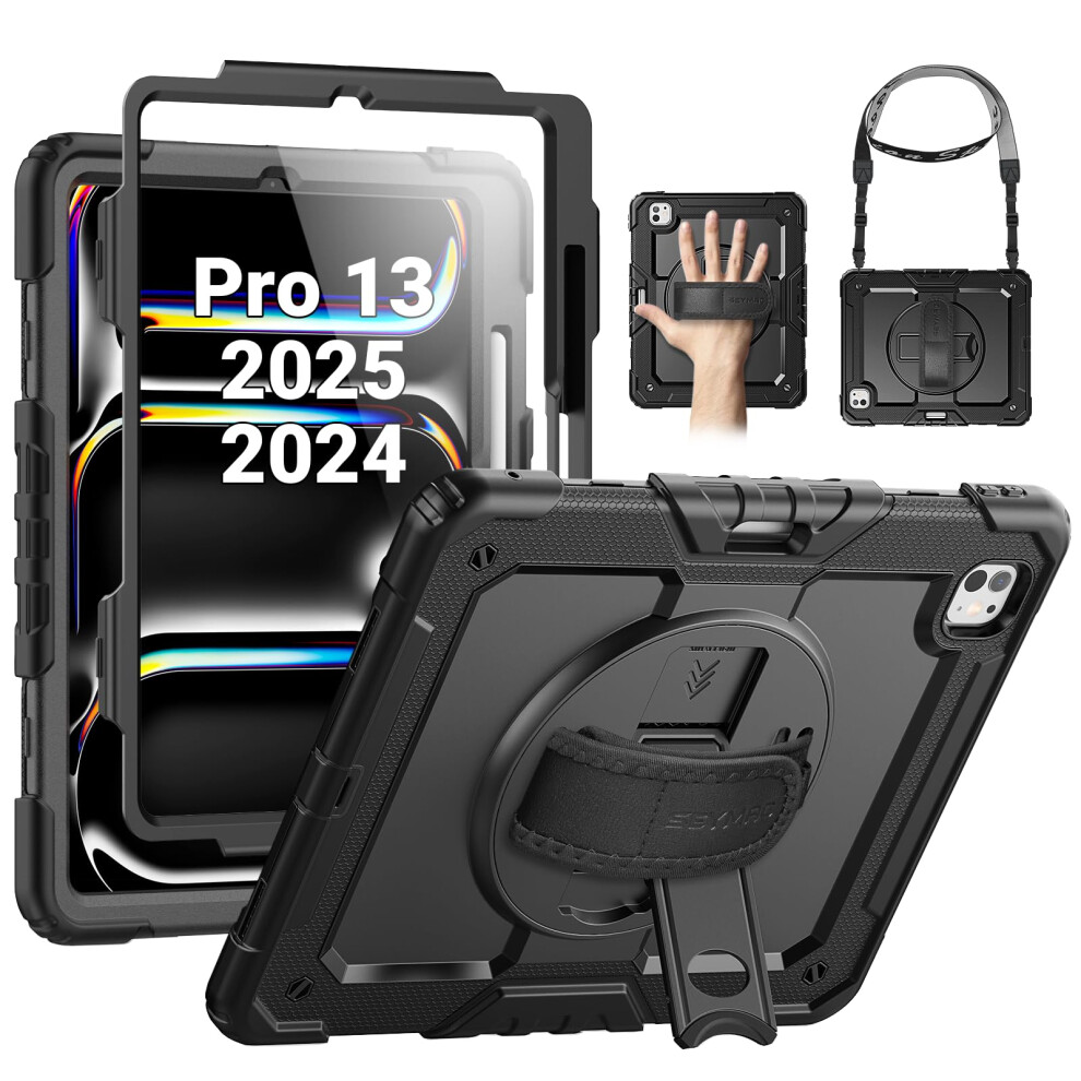 Seymac Case For Ipad Pro 13 Inch (M5/M4) 2025/2024, Shockproof With 360 Rotating Hand Strap/Stand, Screen Protector, Pencil Holder And Shoulder Strap 5051222465103