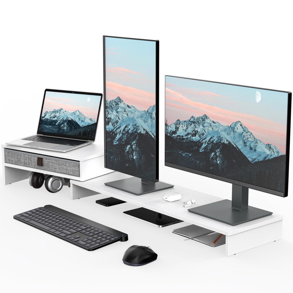 Fenge Dual Monitor Stand With Drawer Computer Monitor Stand Riser - 2 Shelf With Adjustable Length And Angle, Wood Monitor Stands For 2 Monitors, 5051222470602