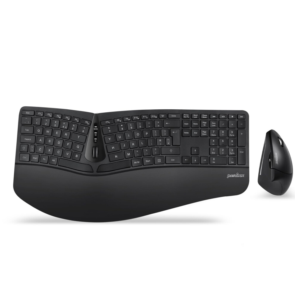 Perixx Periduo-605, Wireless Ergonomic Split Keyboard And Vertical Mouse Combo, Adjustable Palm Rest And Membrane Low Profile Keys, Uk Qwerty 5051222470428