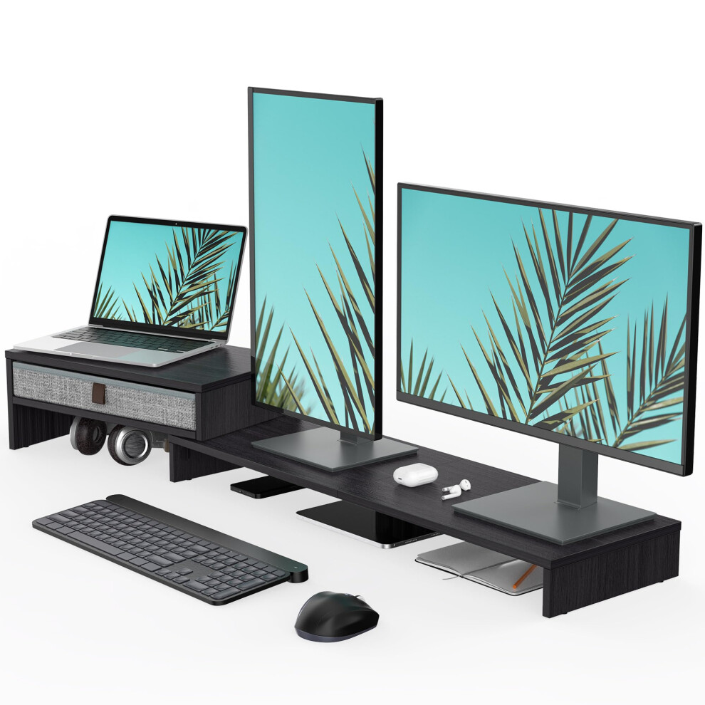 Fenge Dual Monitor Stand With Drawer Computer Monitor Stand Riser - 2 Shelf With Adjustable Length And Angle, Wood Monitor Stands For 2 Monitors, 5051222470633