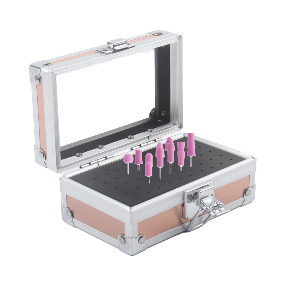 Gold 50 Hole Nail Drill Bit Holder Rose Organizer With Transparent Lid And Secure Safety Lock