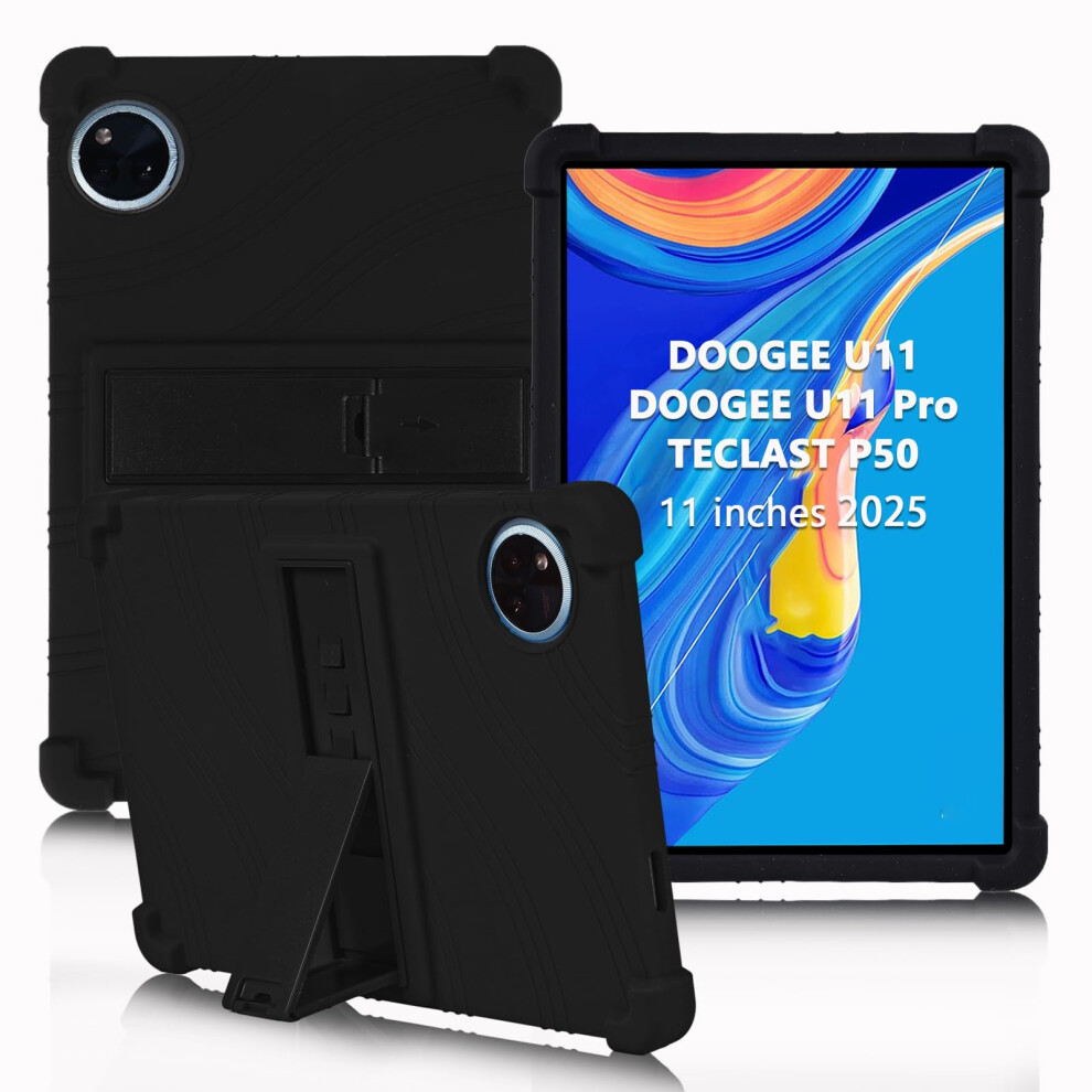 Atooz For Doogee U11 Case 11 Inch,Soft Silicone Kids Case For Doogee U11 Pro Tablet 2025/Teclast P50 Tablet With Stand (Black) Black