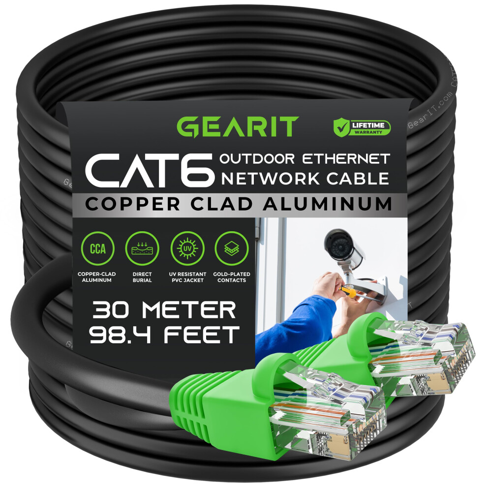 Gearit Cat6 Outdoor Ethernet Cable (30 Meters) Cca Copper Clad, Waterproof, Direct Burial, In-Ground, Uv Jacket, Poe, Network, Internet, Cat 6, Cat6 5051222477854