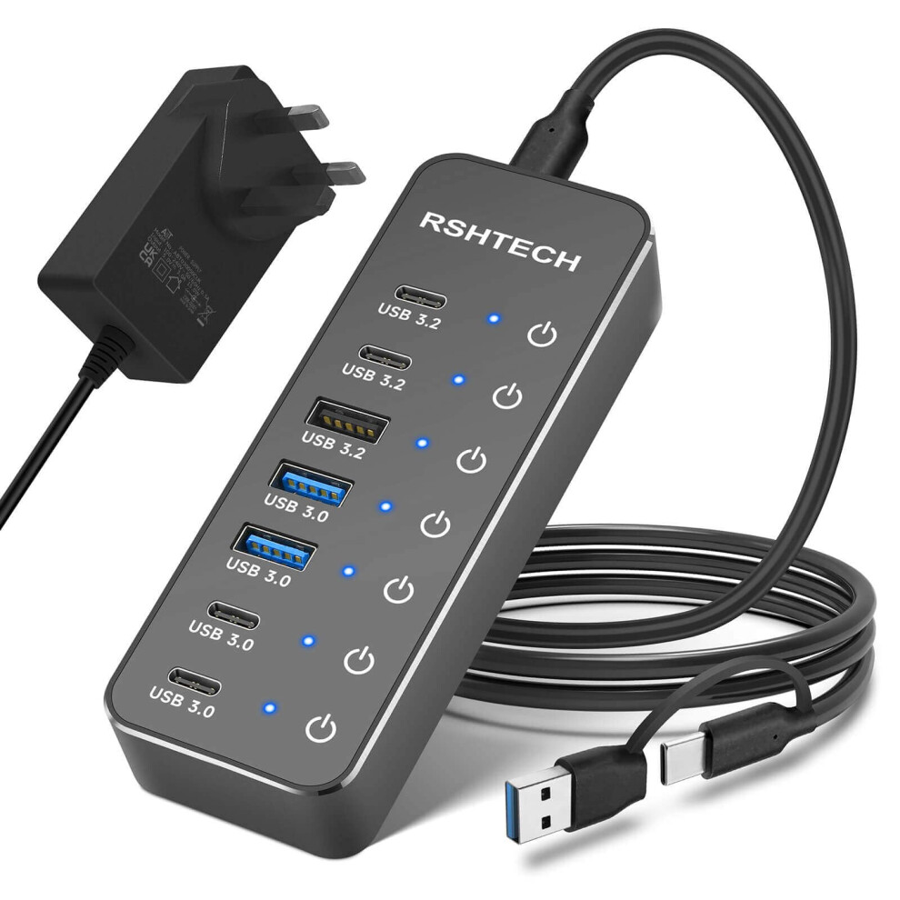 Rshtech Powered Usb Hub, 7-Port Usb-C Hub Splitter With 3X 10Gbps Usb 3.2 Data Port (2C+1A), 4X 5Gbps Usb 3.0 Ports (2C+2A), Aluminum Usbc Multiport 5051222468975