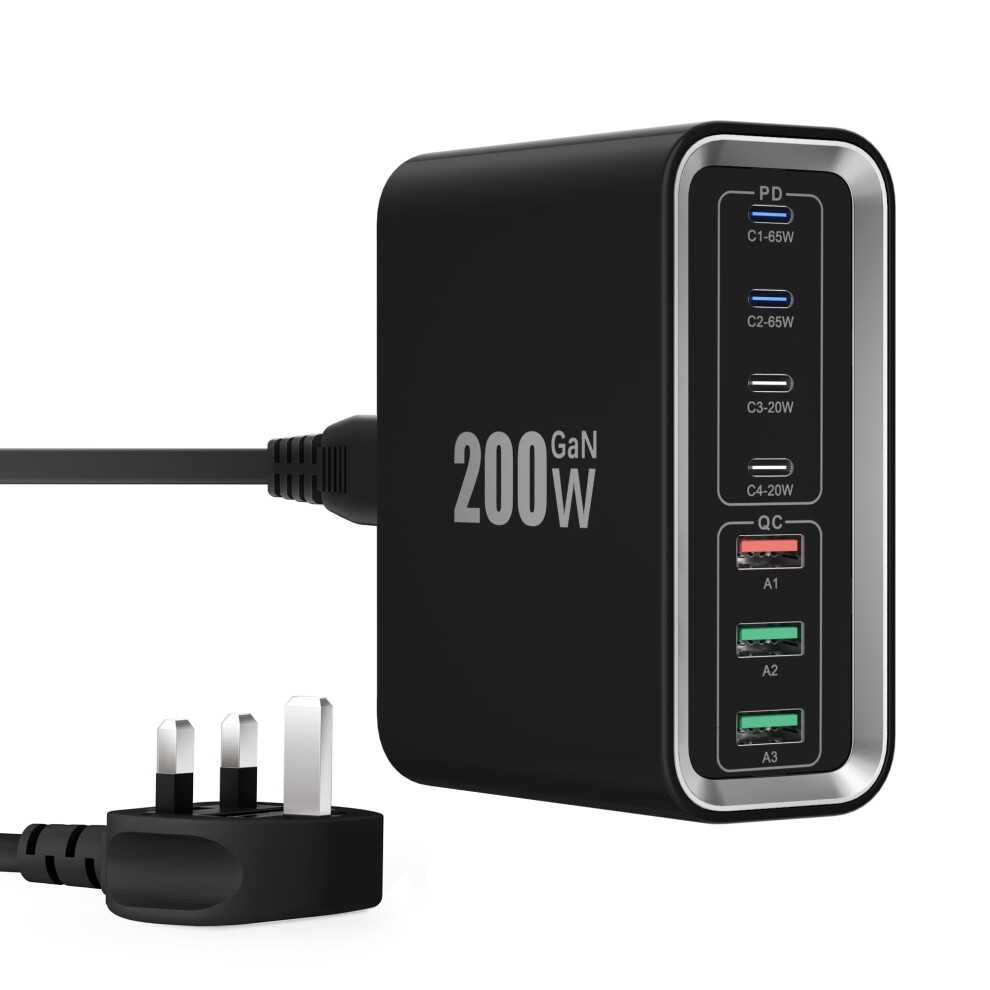 Usb C Super Fast Charger Plug, 200W Gan 7-Ports Fast Charging Station Hub Mutil Wall Plug With Pd 65W Laptop Charger+18W Qc Power Desktop Charger For 5051221715339