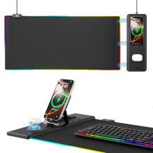 KDD Mouse Pad with Foldable Phone Holder - Wireless Charging Desk Mat 15W Fast - RGB Gaming Mousepad with Ultra-Smooth Surface, Non-Slip Base -