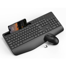Wireless Keyboard and Mouse Combo, Full-Size Ergonomic Keyboard with Wrist Rest, Phone Holder, Sleep Mode, Silent 2.4GHz Cordless Set for Computer,