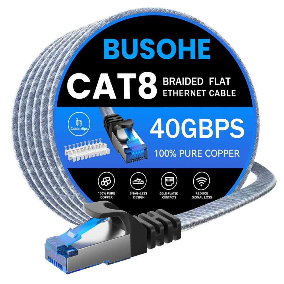 Busohe Cat 8 Ethernet Cable 15M, 40Gbps/2000Mhz Flat High Speed Network Cable, Braided Flat Gigabit Rj45 Stp Shielded Internet Lan Cables Cord 5051222480496