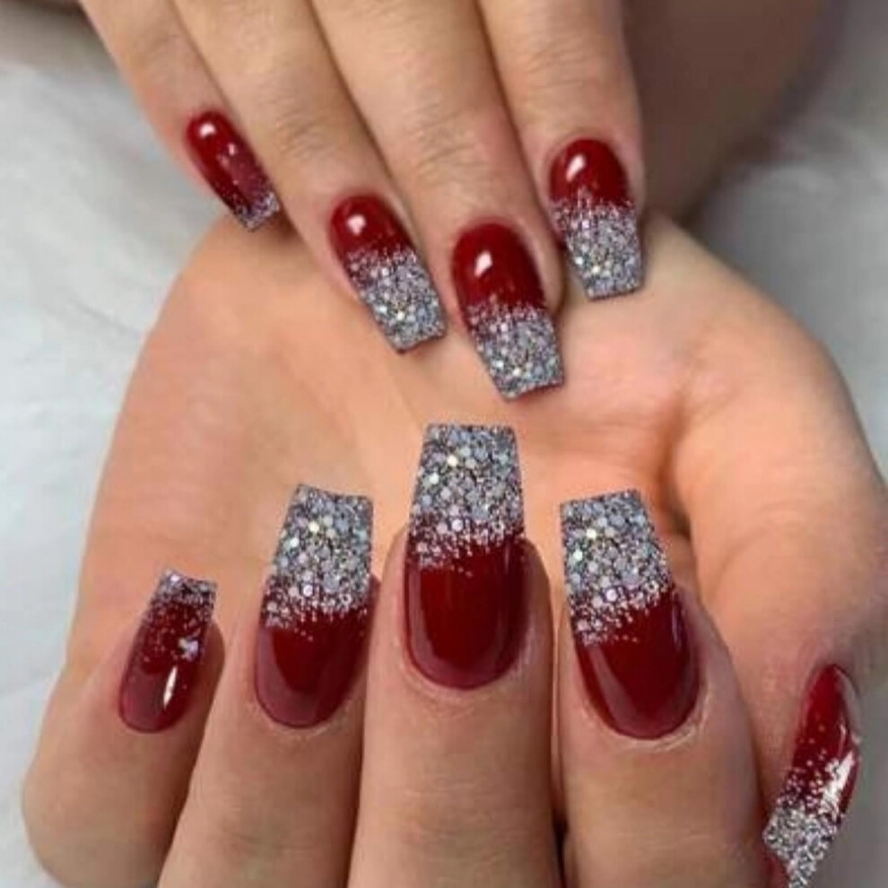 Burgundy Press On Nails Long Coffin Fake Nails Glitter Acrylic 24Pcs With Glue Salon Quality