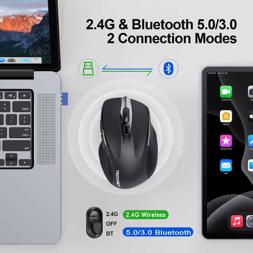 TeckNet TECKNET Bluetooth Mouse, 4800DPI Wireless Mouse Computer Silent Click USB Mice Bluetooth 3.0/5.0 and 2.4GHz Connectivity with 6 Adjustable DPI, 30 1