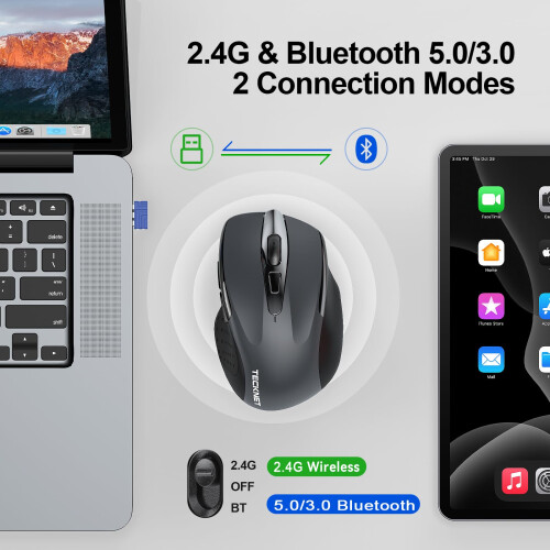 TeckNet TECKNET Bluetooth Mouse, 4800DPI Wireless Mouse Computer Silent Click USB Mice Bluetooth 3.0/5.0 and 2.4GHz Connectivity with 6 Adjustable DPI, 30 1