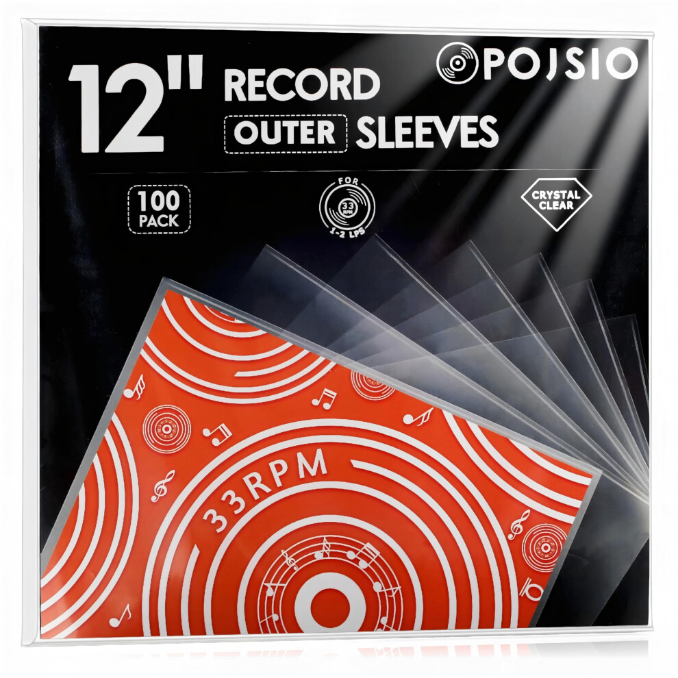 Pojsio 12 Inch Vinyl Record Sleeves Outer,100 X Record Sleeves 12 Inch | 3 Mils Thick | Crystal Clear High-Density Polypropylene Plastic Vinyl 5051222478462