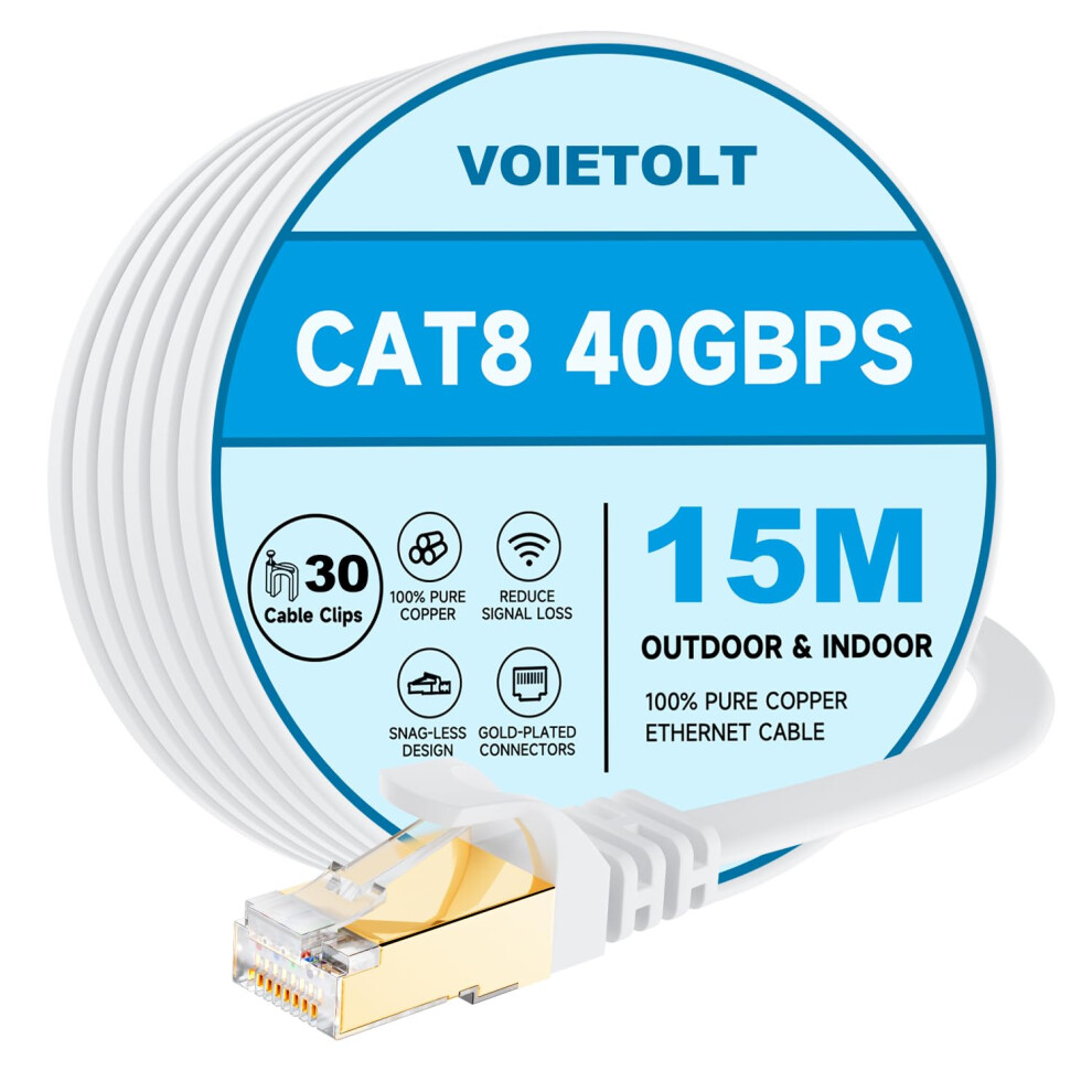 Voietolt Cat8 Ethernet Cable 15M, 40Gbps/2000Mhz Flat High Speed Network Cable, Stp Rj45 Gigabit Cat-8 Lan Internet Cable For Ps4/5, For Modem - White 5051222484456