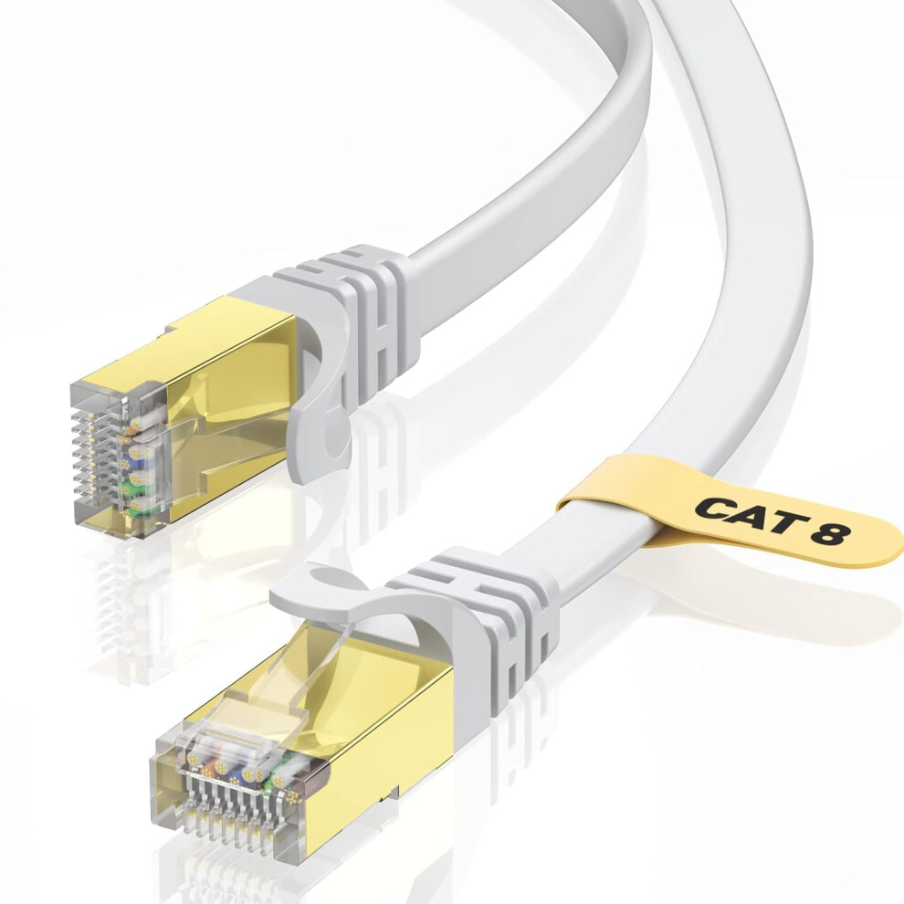Voietolt Cat8 Ethernet Cable 8M, 40Gbps/2000Mhz Flat High Speed Network Cable, Stp Rj45 Gigabit Cat-8 Lan Internet Cable For Ps4/5, For Modem - White 5051221727769