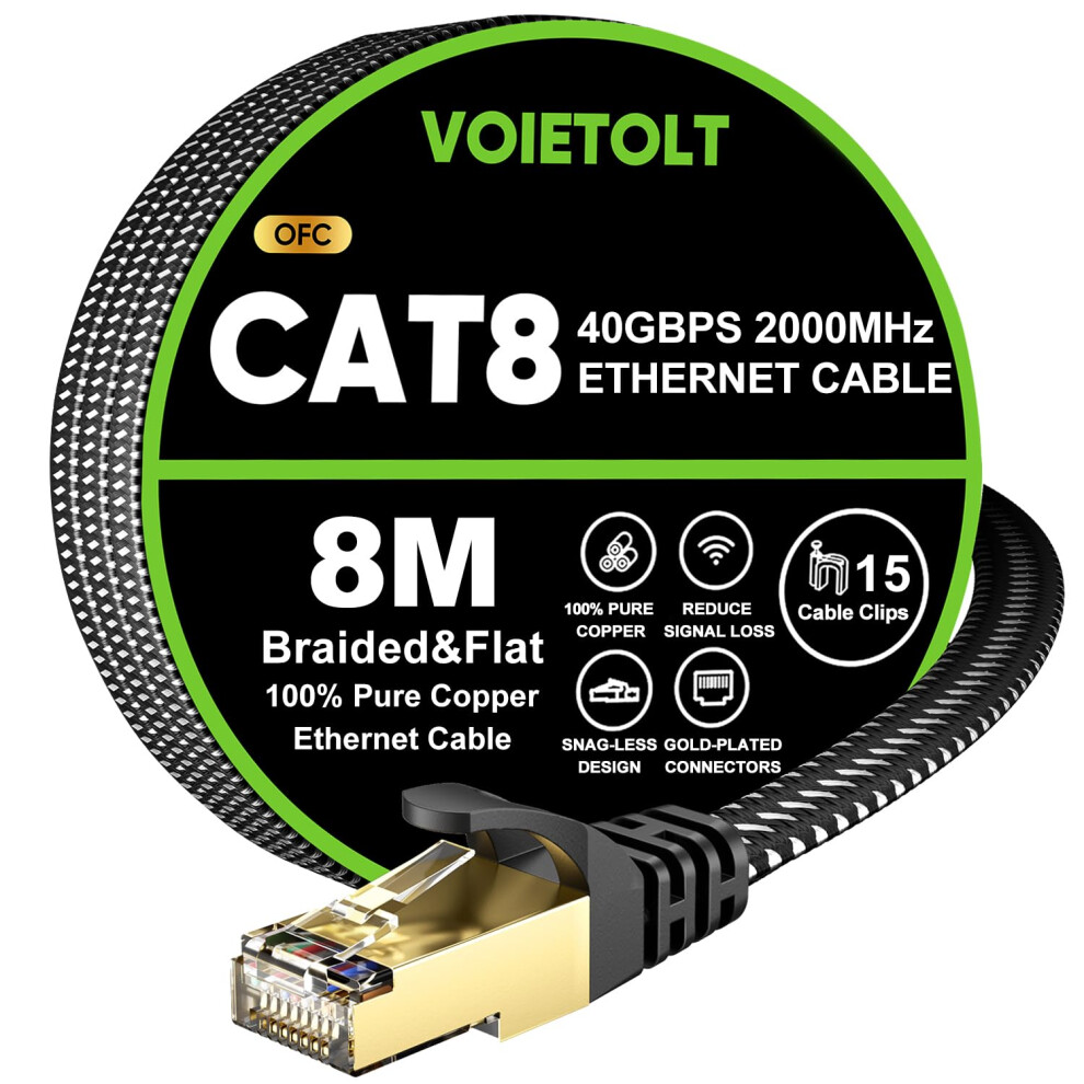 Voietolt Cat 8 Ethernet Cable 8M, High-Speed 40Gbps/2000Mhz Flat Braided Internet Cable, Gigabit Stp Rj45 Network Cable Compatible For Ps4/5, For 5051221729749