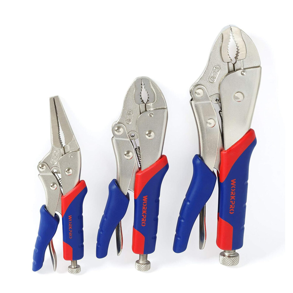 Workpro 3-Piece Locking Pliers Set, Cr-V Steel Mole Grips, Quick-Release & Self-Locking With Soft Handle, 250 Mm & 180 Mm Curved Jaw, 165 Mm Straight 5051222376287