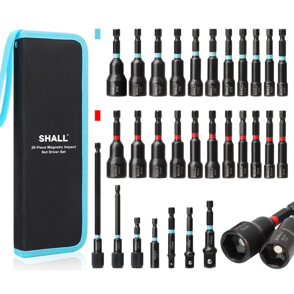 Shall 29Pcs Magnetic Nut Driver Set, Impact Drill Bit 1/4'' Hex Shank, Sae & Metric Cr-V Steel Power Drivers With Quick-Release Extensions, Socket 5051222385333