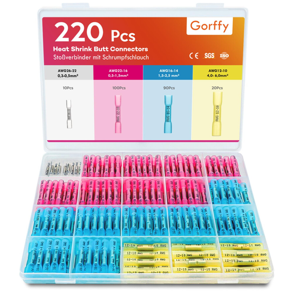 Gorffy Heat Shrink Butt Connectors, 220 Pcs Crimp Connectors, 26-10 Awg Wire Connector Heat Shrink, Wire Crimp Connector Marine Grade Butt 5051221739397