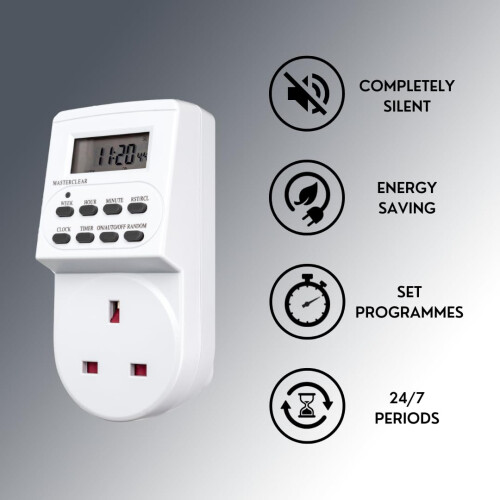 Defender Digital Timer Plug Socket - 24 Hour Programmable Timer Switch with LCD Display - 10 ON/OFF Settings & Random Mode for Indoor Lights and Home 1