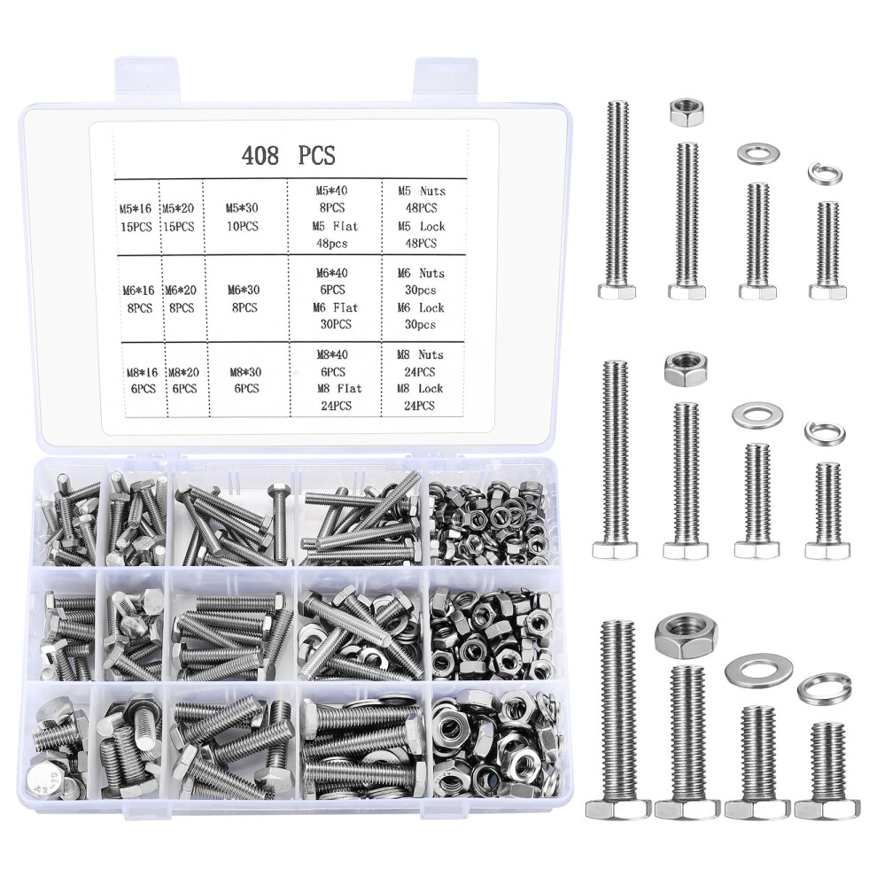 Szslmy 408 Pcs Hex Bolts And Nuts Set, M5 M6 M8 Machine Bolts And Hex Nuts And Lock Washers And Flat Washers Assortment Kit, Stainless Steel Full 5051221738901