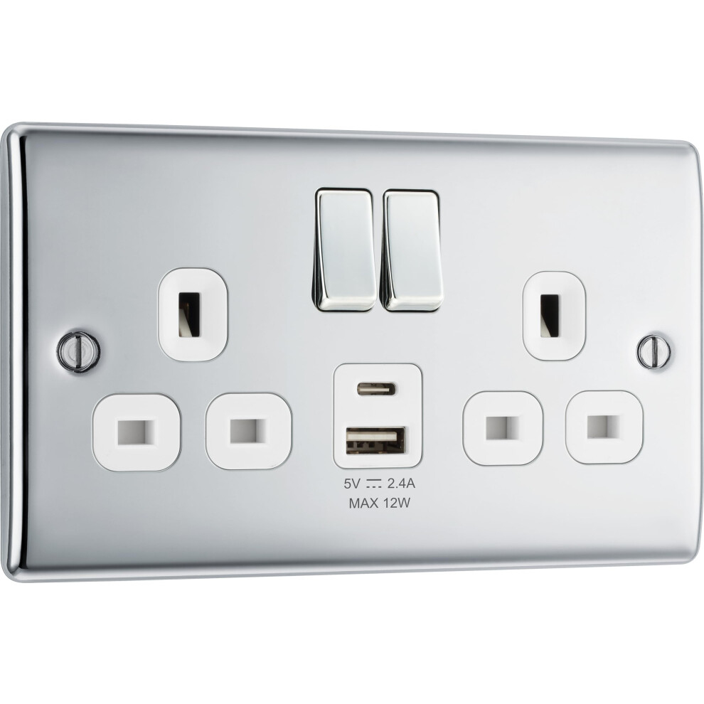 Bg Electrical 12W Double Switched Power Wall Plug Socket With Type A And Type C Usb Charging Ports, Nexus Metal, Polished Chrome, 13A, Npc22uac12w 5051221739519