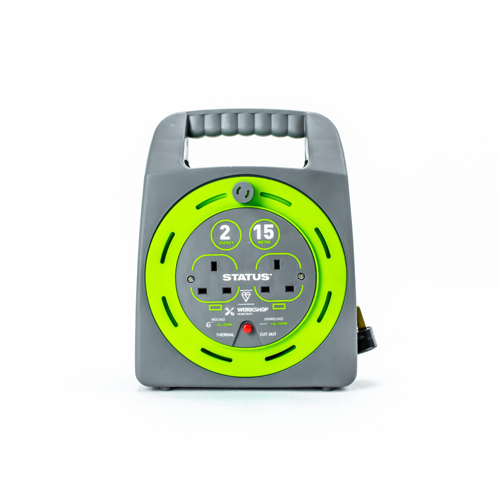 Status Green 2 Socket Cable Reel | 15M Extension Lead | 13A With Thermal Cut Out | Heavy Duty Outdoor Extension Lead | S15m2shbcr1pk2