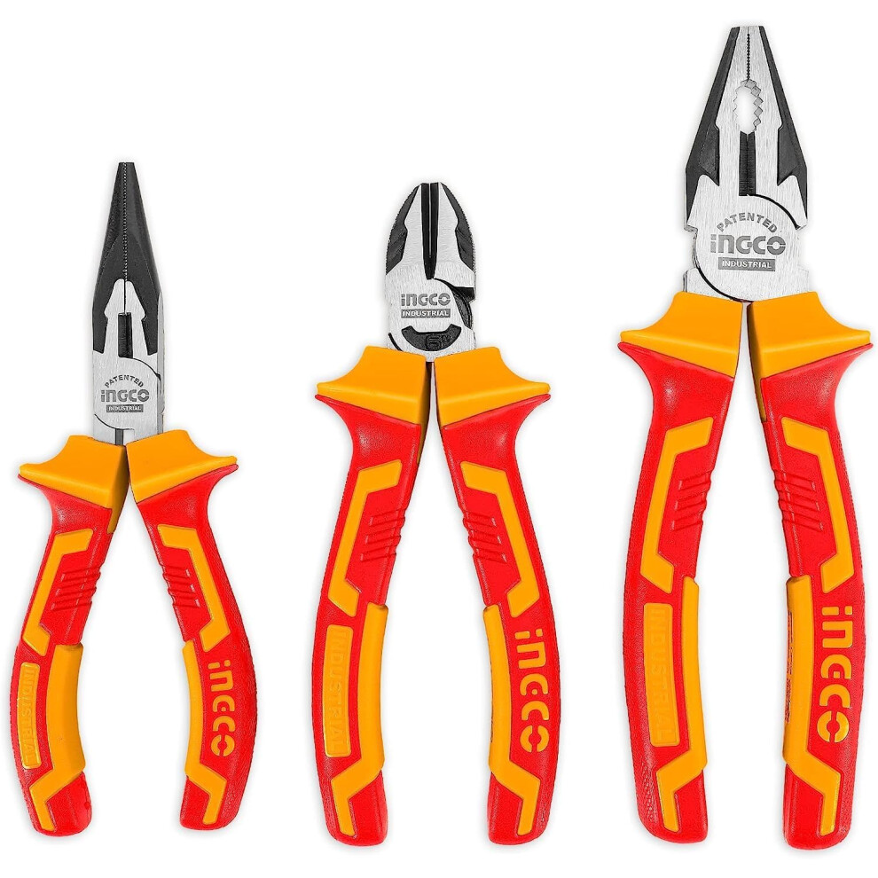 Ingco 3Pcs 1000V Vde Insulated Plier Set, 8" Vde Combination Pliers, 6" Insulated Long Nose Plier, 6" Diagonal Cutting Plier Hikps28318 5051222369685