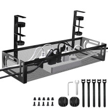 Under Desk Cable Management Tray, Metal Cable Management,No-Drill Mesh Wire Organiser with Clamp, Wire Holder Side Opening Design, Cable Tidy Basket,