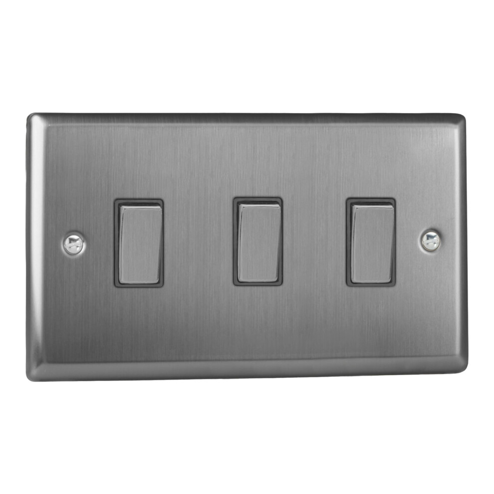 Varilight Triple Light Switch 2-Way Twin Plate - Classic Brushed Steel With Brushed Steel Rockers 5051221742083