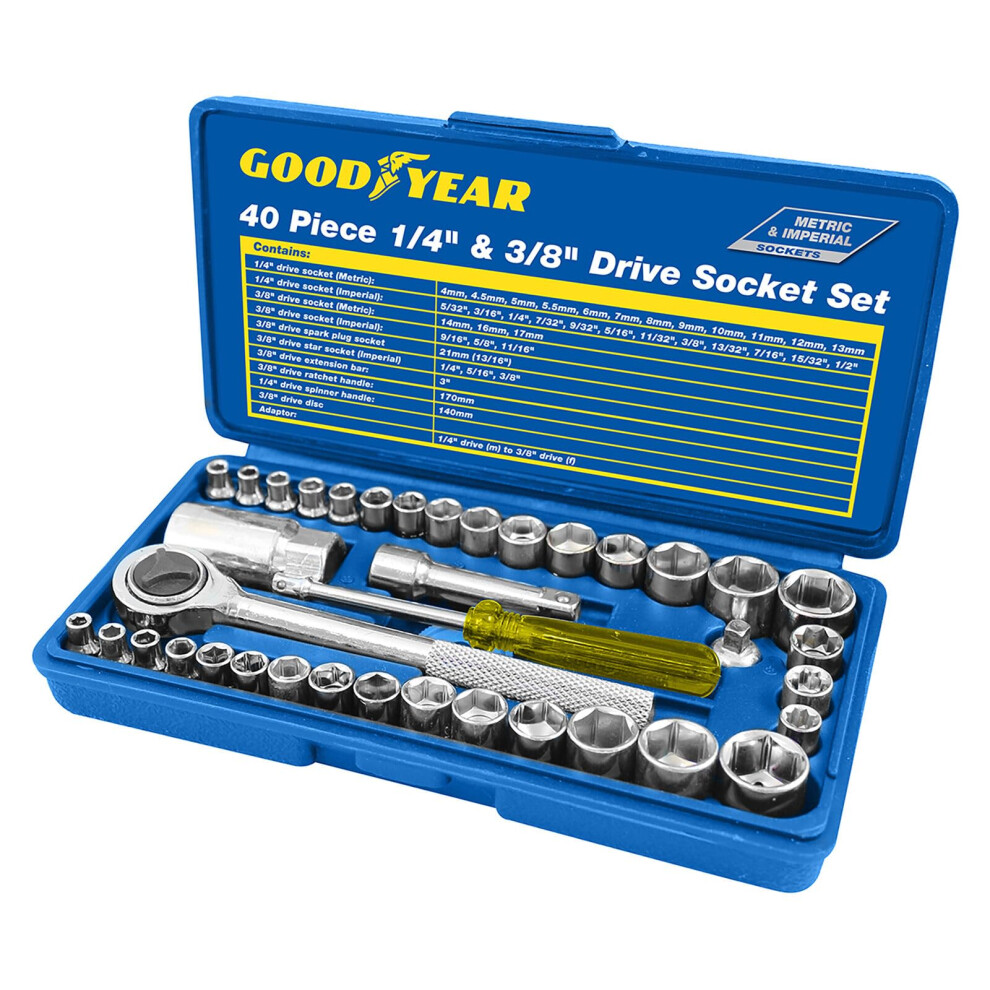 Goodyear 40 Pieces Socket Driver Set With 1/4" & 3/8" Sockets Metric Imperial Ratchet Bolts Spark 5051222379776