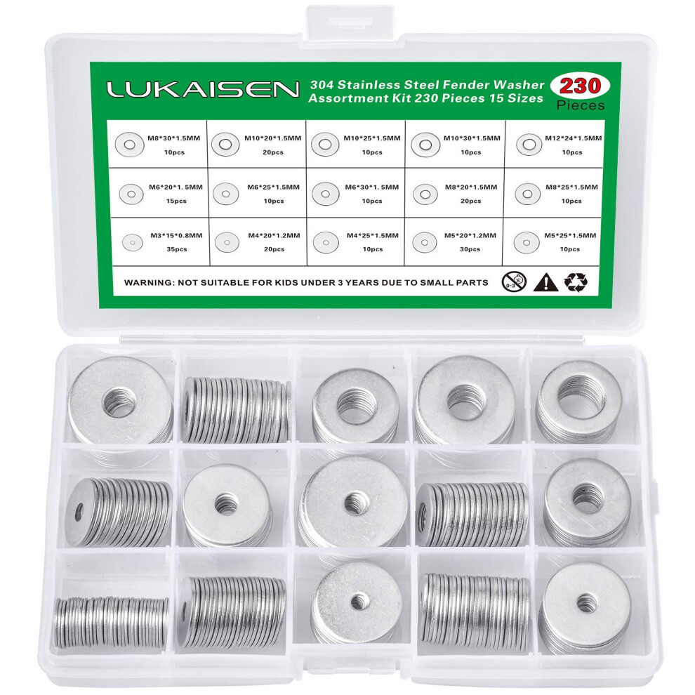 230 Pcs Large Flat Washer Set, 304 Stainless Steel Flat Penny Washers Assortment Kit, 15 Sizes M3/M4/M5/M6/M8/M10/M12 Repair Fender Washer Plain Round 5051221745572