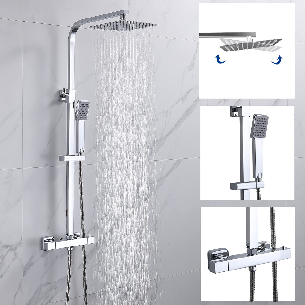 Bathroom Thermostatic Shower Mixer Set Handheld Shower And With Adjustable 8" Overhead Rainfall Shower Head Twin Head & Body Chrome Plated Set 5051221741697