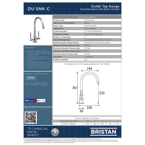 Bristan Dune Monobloc Sink Mixer Chrome 1