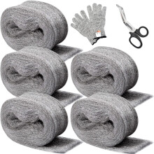 Meff-Mluk 5 Pack Steel Wool Mice, 15 Meter Ultra Fine Steel Wool 0000 Coarse Wire Wool Gaps Blocker with Gloves, Scissors for Keeps Mice & Rodents