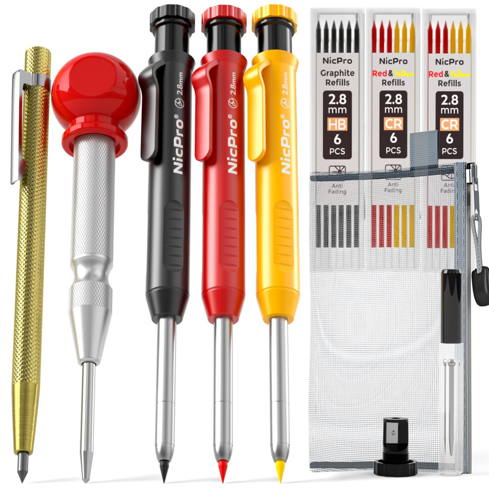 Nicpro 10 Pack Carpenter Pencils Mechanical, Construction Pencils With 21 Refill, Automatic Center Punch And Carbide Scribe Tool, Mechanical Pencil 5051221743721