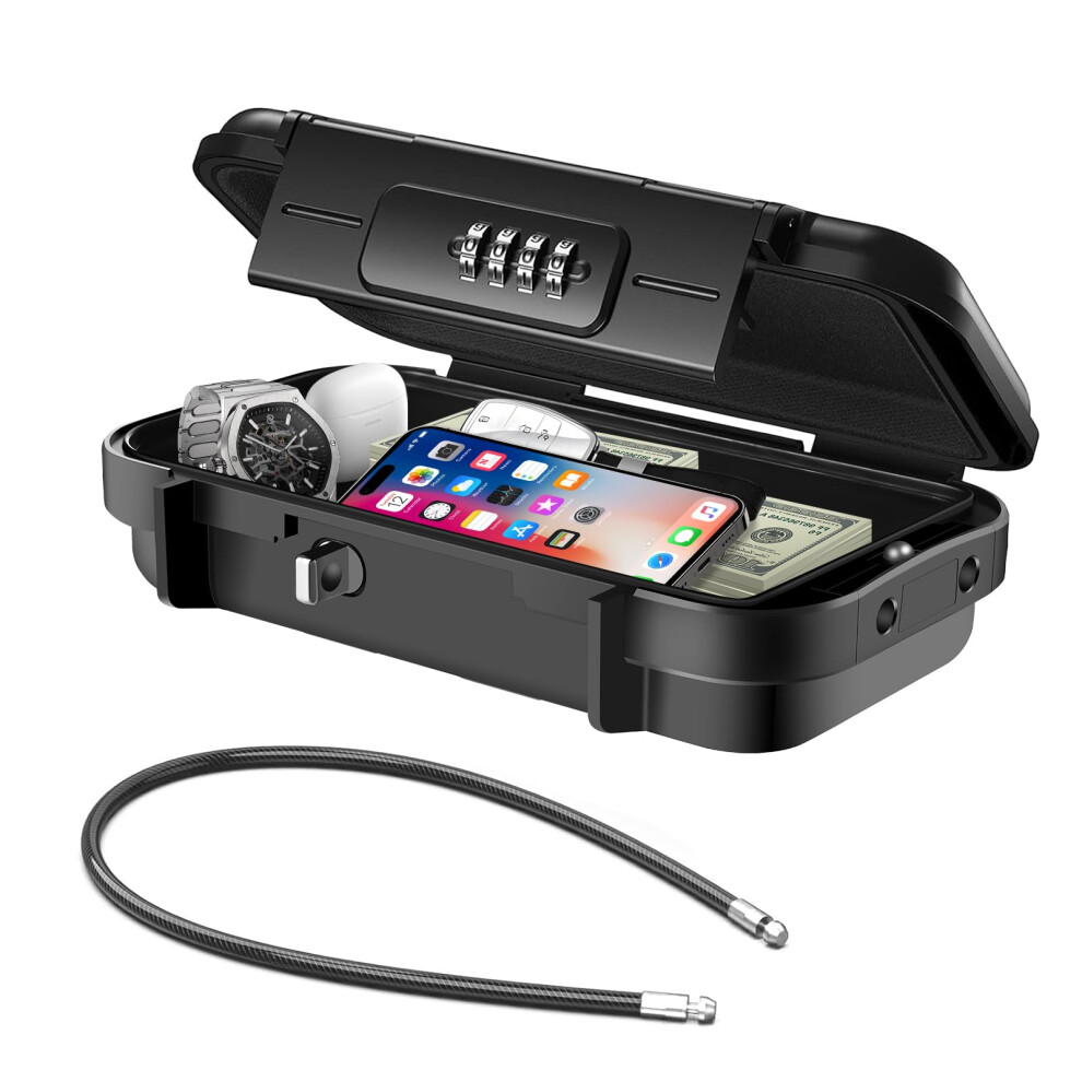 Hurinan Portable Safe Box With Code, [Waterproof & Anti-Theft]Travel Safe, Combination Security Case Lock Box With Removable Wire Rope, For Beach, 5051222352205