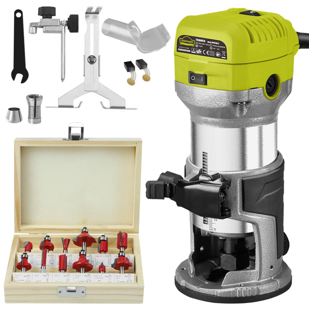 Dewinner Electric Palm Router Tool, 1/4" Compact Wood Trimmer With Metal Base, 6 Variable Speeds Router For Woodworking, Trimmer Router With 12Pcs 5051221741246