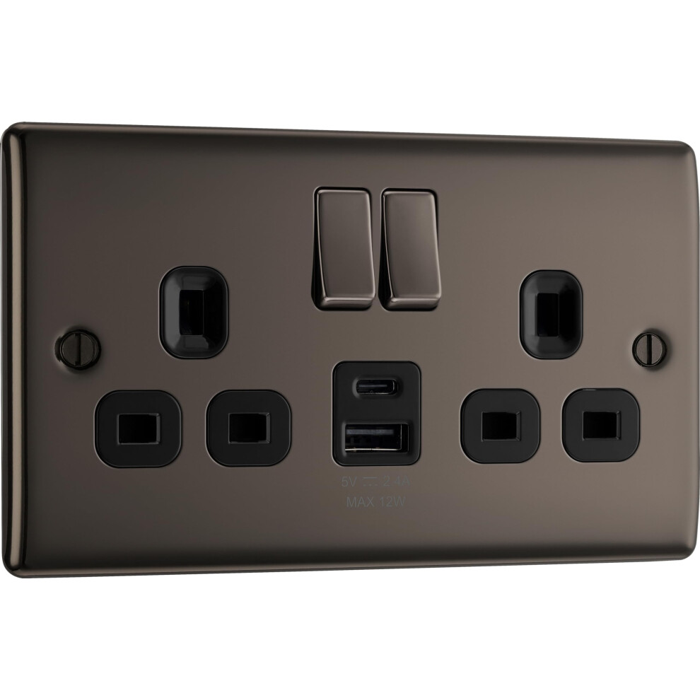 Bg Electrical 12W Double Switched Power Wall Plug Socket With Usb A And Usb C Charging Ports, Nexus Metal, Black Nickel, 13A, Nbn22uac12b 5051221743745