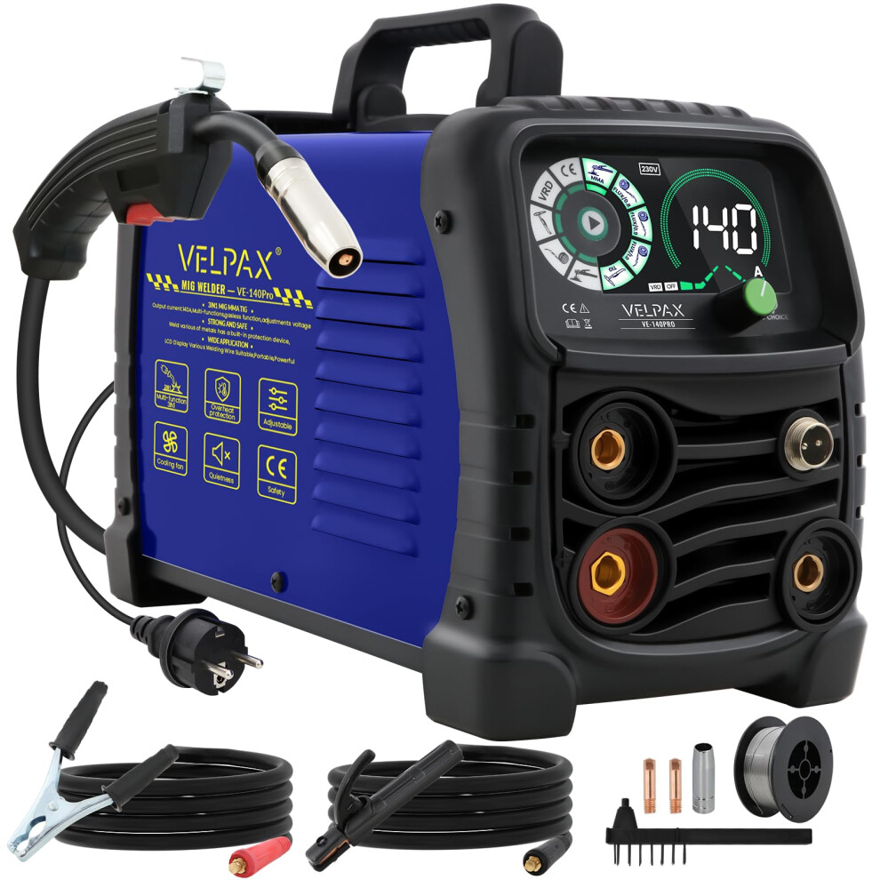 140A 230V Mig Welder Gasless, 3 In 1 Welding Machine Flux Core Welder, Portable Welder With Igbt Inverter, Smart Digital Led Dispaly And Welding Rods 5051221745176
